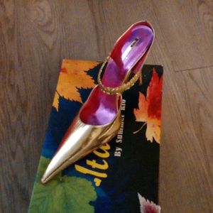 These are gold pointy high heel shoes very dressy